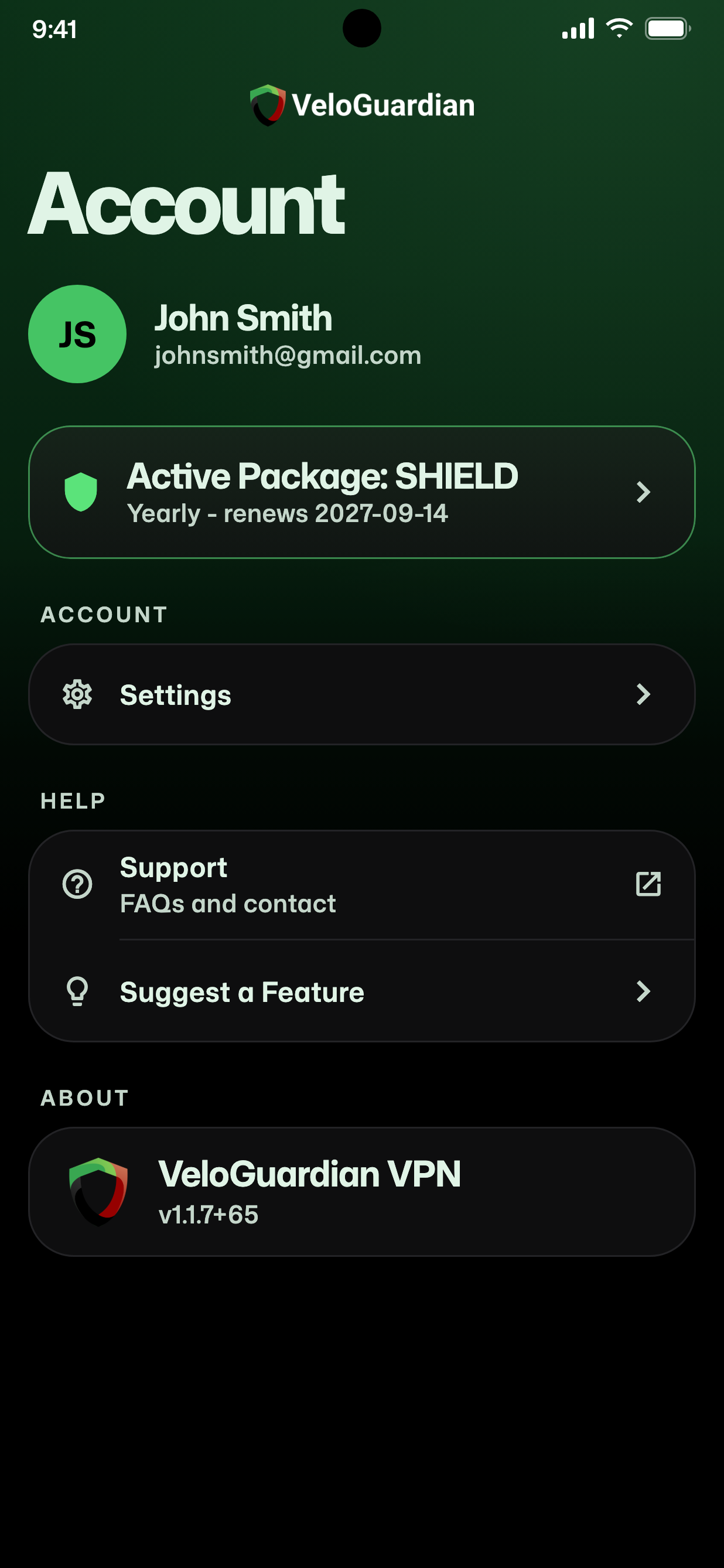 VeloGuardian VPN account screen