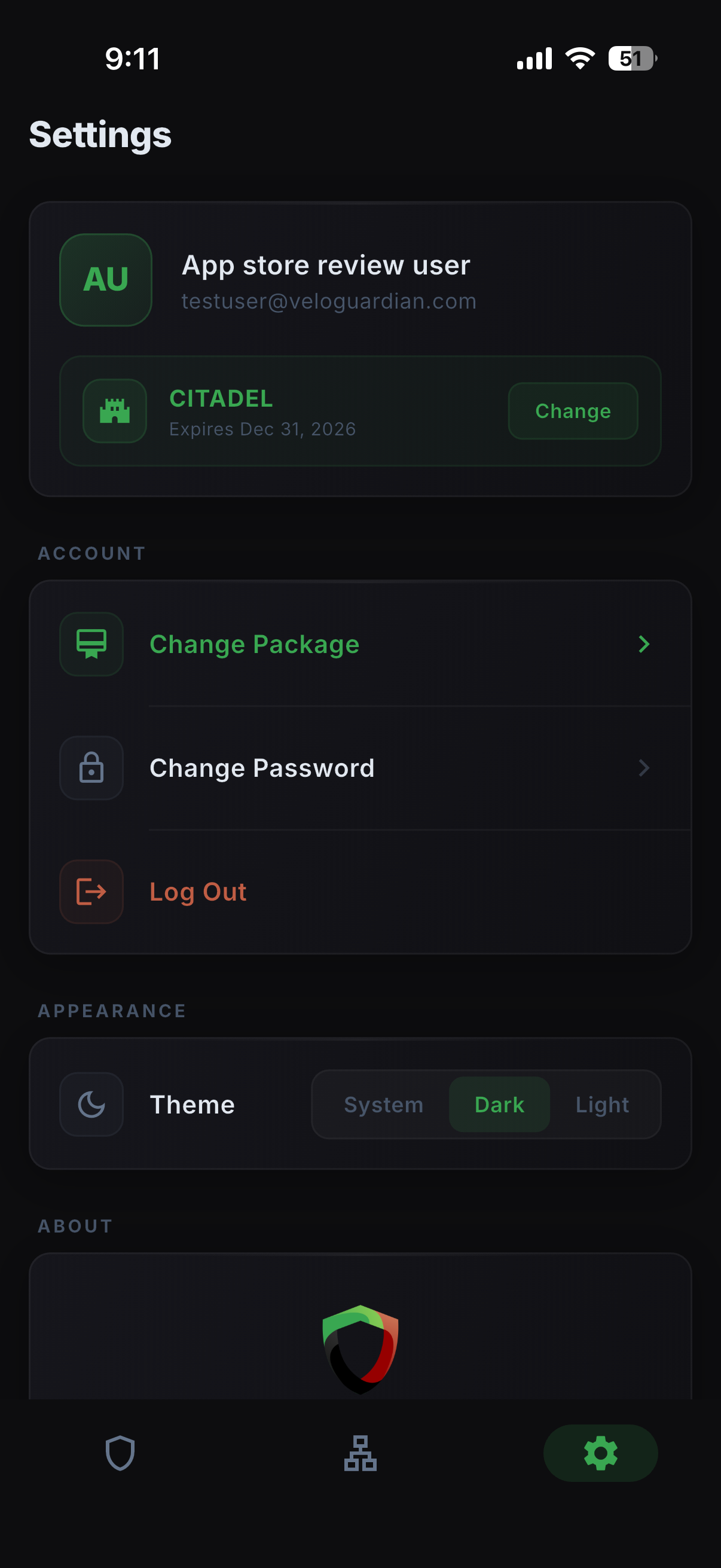 VeloGuardian app settings and account
