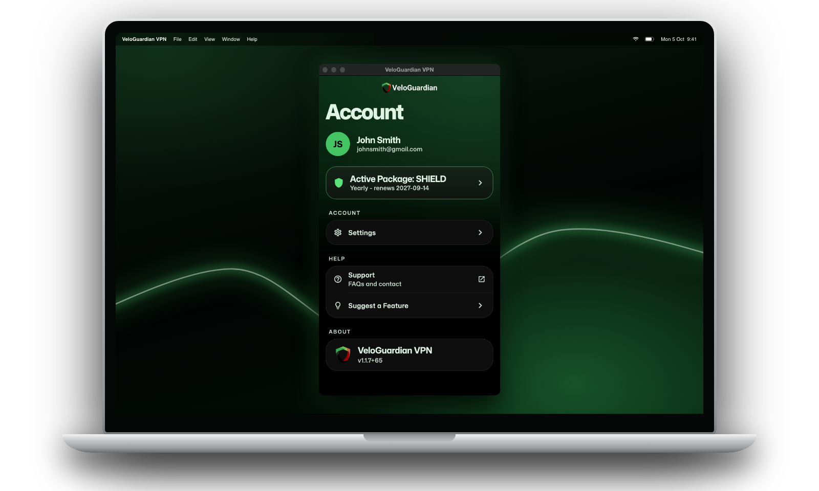 VeloGuardian VPN account screen